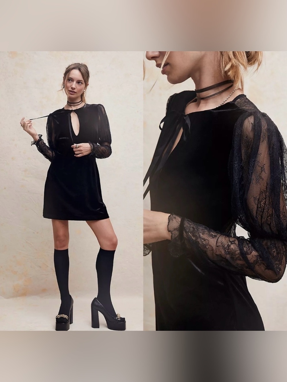 Free People Midnight Hour Mini Dress Witchy Black Velvet Lace Whimsygoth Small